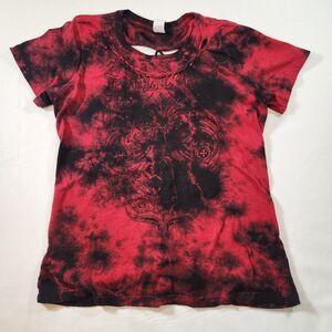 Affliction Women's Tee Shirt Size Medium Red & Black Fleur de Lis Strappy Back